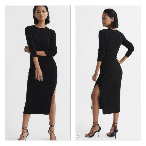 REISS Charley Ruched Midi Dress, Wool/Cashmere Blend, Black, Sz XS - Picture 1 of 14